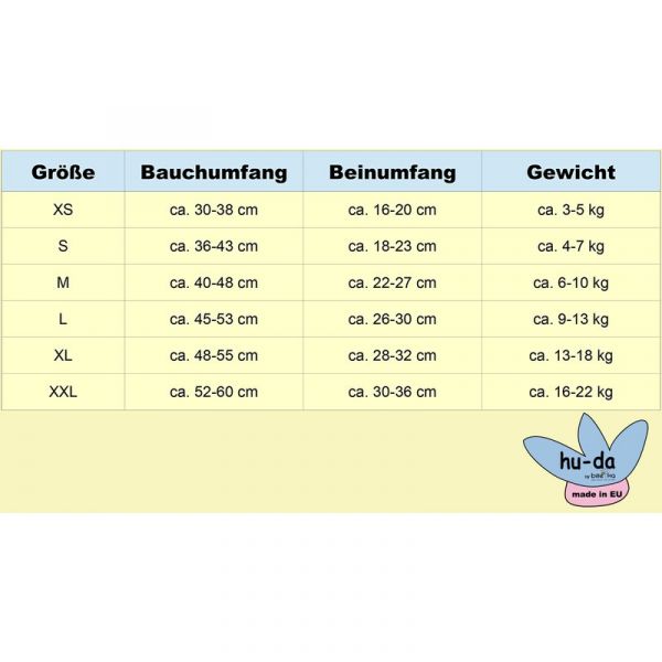 Huda Pul Überhose Grössentabelle